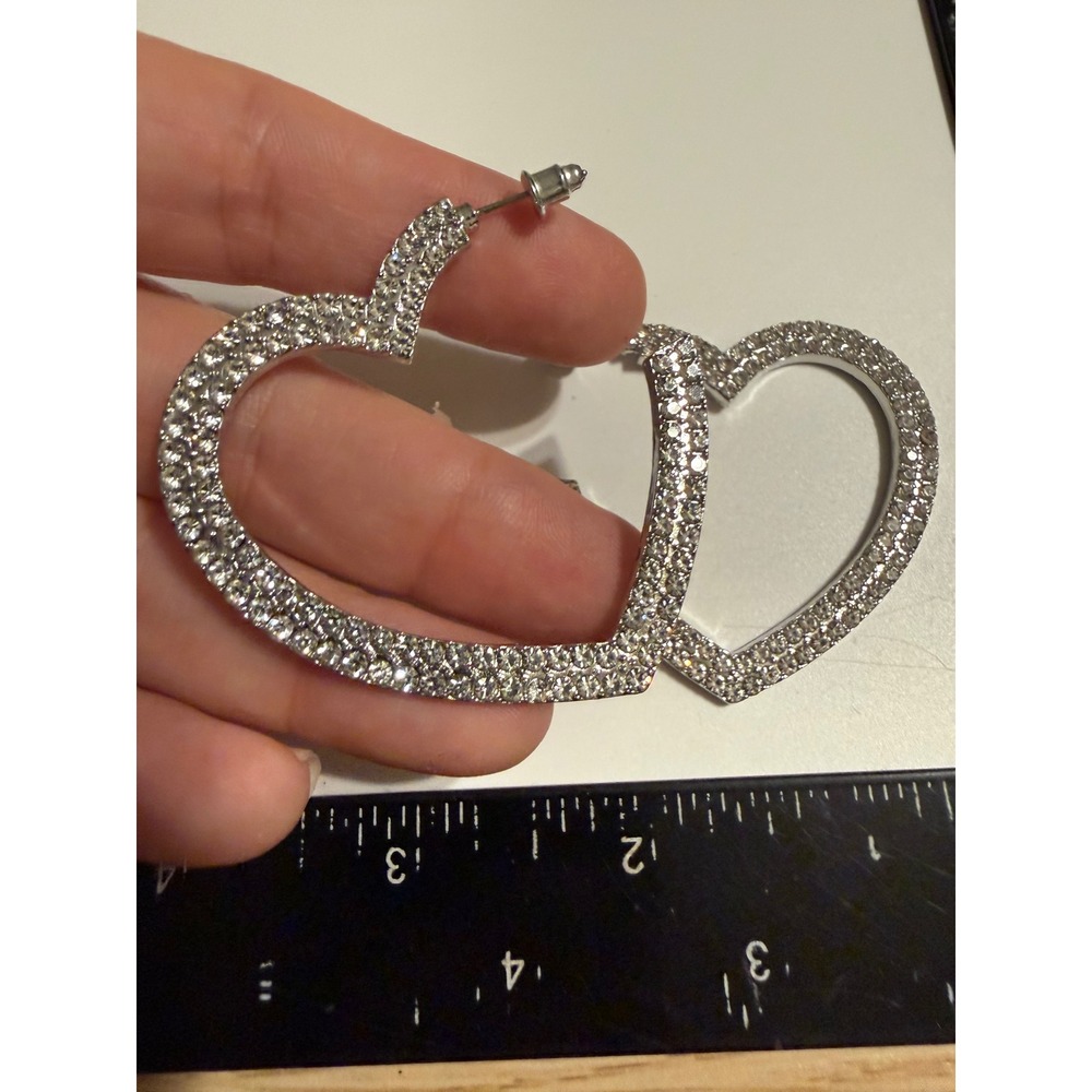 Large Silver Tone Heart Hoop Earrings Rhinestone Pave Statement Jewelry